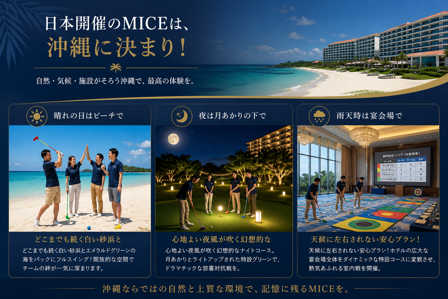 日本開催のMICEは、沖縄に決まり！ 晴れの日はビーチで／夜は月あかりの下で／雨天時は宴会場で